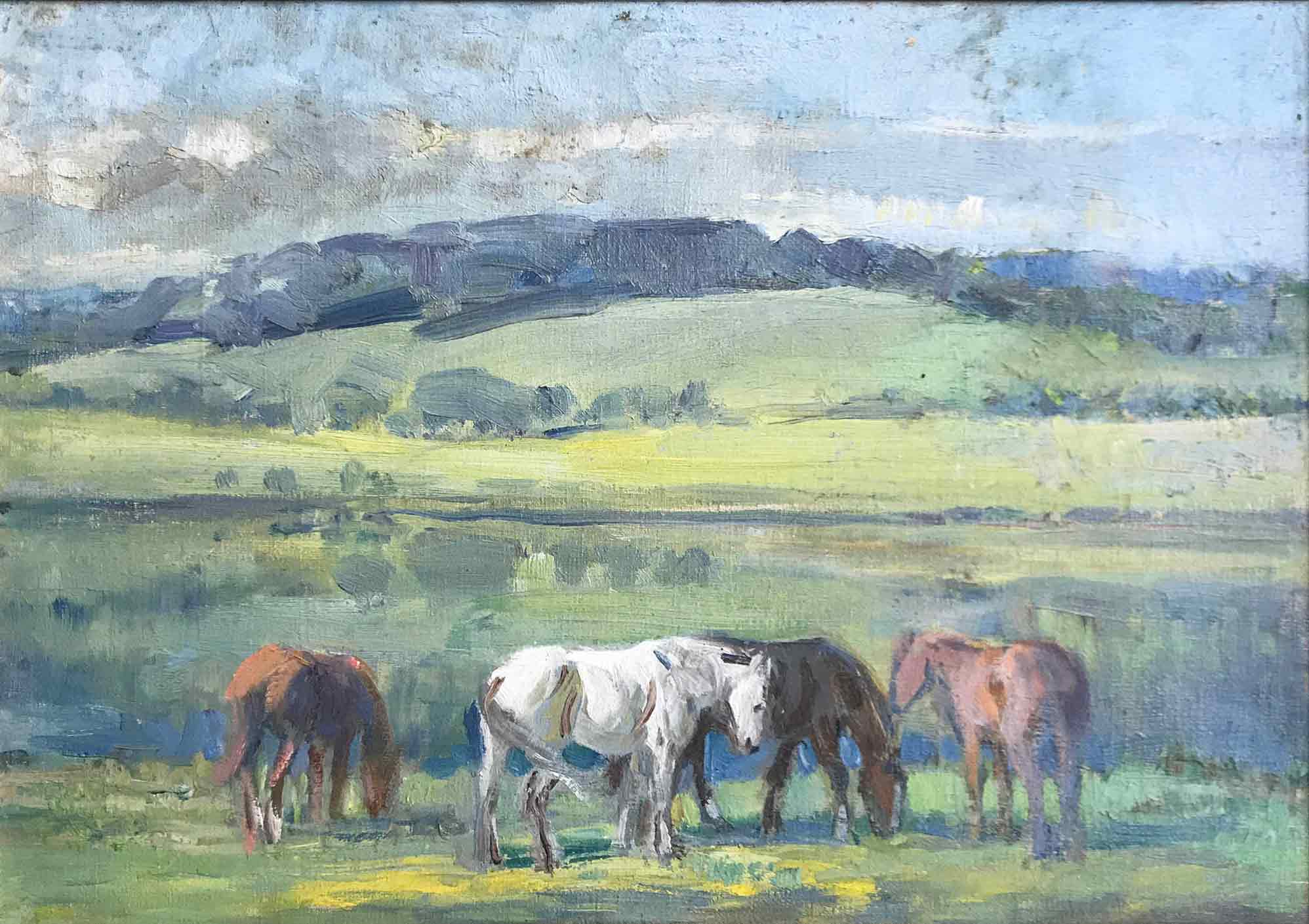 Alice Des Clayes Oil Painting 'Ponies Grazing in a Landscape'