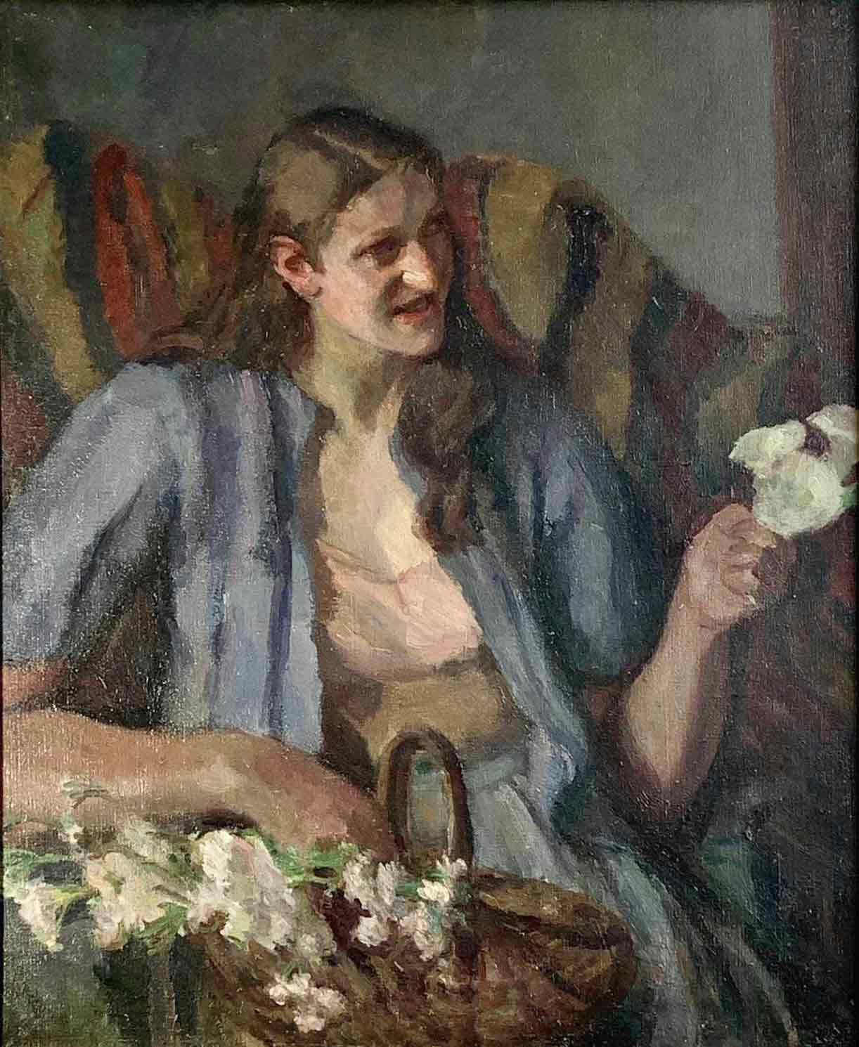 Dorothy Hepworth 'Girl With Flowers II' large oil painting on canvas
