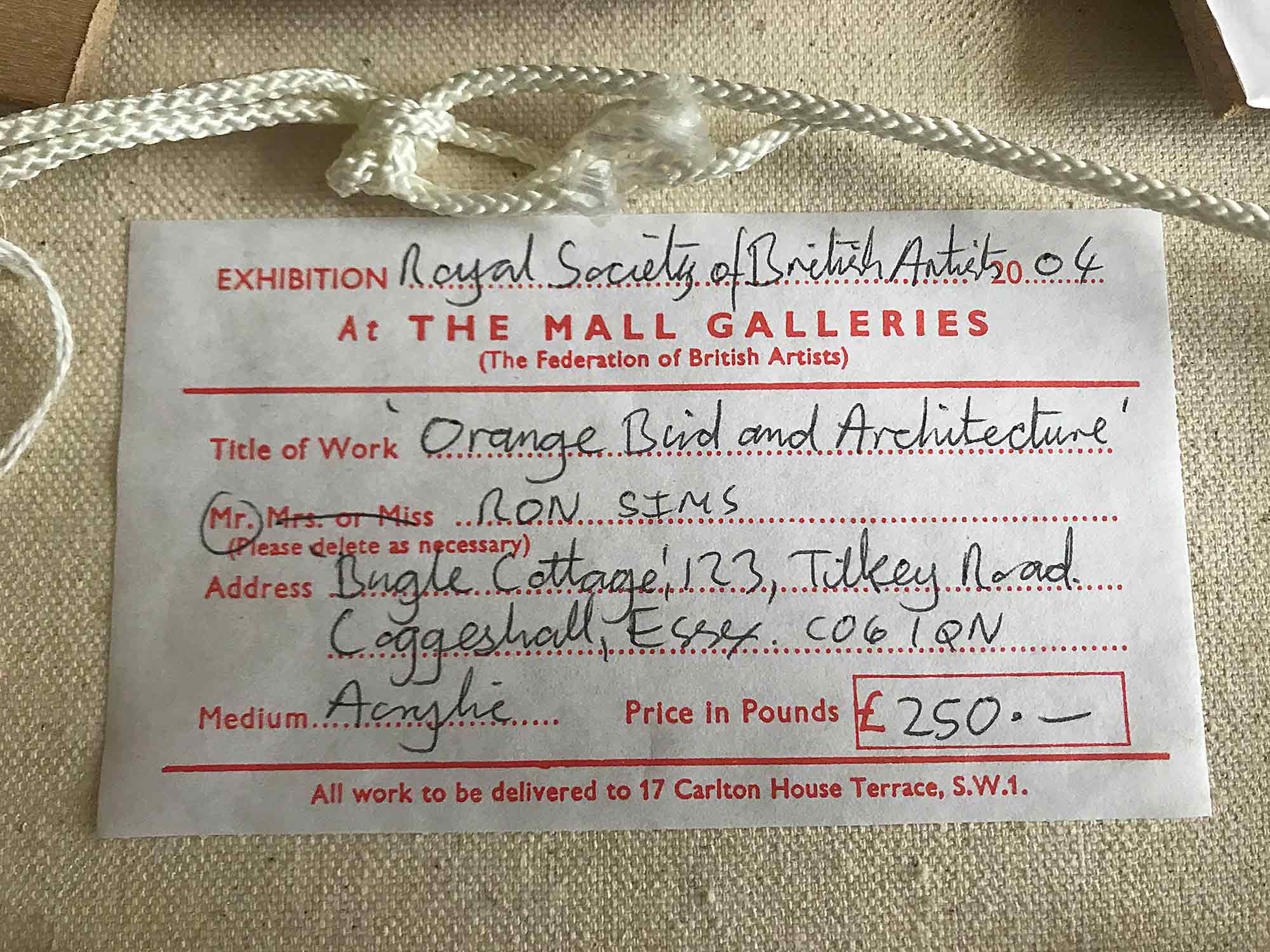 Ron Sims Acrylic on Canvas 'Orange Bird and Architecture'